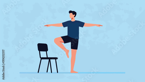 Person balancing on one leg with arms outstretched next to a chair