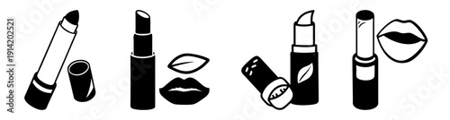 Set of black matte lipsticks and gloss tubes with swatches isolated on white background for beauty and cosmetics