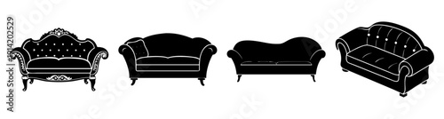 Set of four black tufted velvet sofas isolated on white background modern luxury furniture collection vector illustration