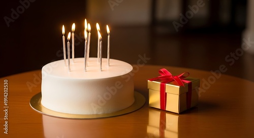 White birthday cake with lit candles and a gold gift box with red ribbon