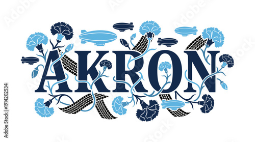 Akron city typography with blimps and flowers vector illustration