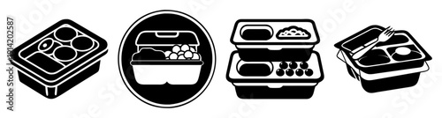 Set of four black plastic food storage containers with lids isolated on white background for kitchen organization and meal prep