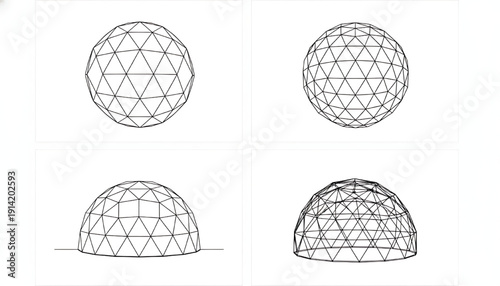 Spheres wireframe set with geometric shapes and faceted surfaces featuring 3D models, digital art, graphic design with polygonal mesh and futuristic designs elements for modern art, digital rendering