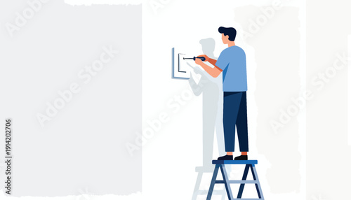 Man on stepladder fixing electrical outlet on wall