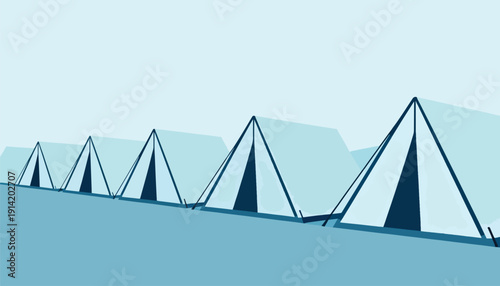 Row of simple, stylized tents in cool blue tones