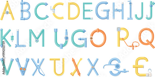 Creative Alphabet Vector Set Featuring Plumbing Pipe Style Letters, Industrial Typography, and Mechanical Font Characters for Education and Design