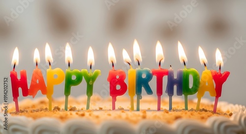 Colorful happy birthday candles lit on top of a frosted cake