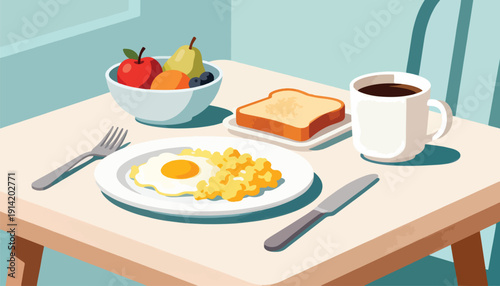 A healthy breakfast with scrambled eggs, fried egg, toast, fruit, and coffee