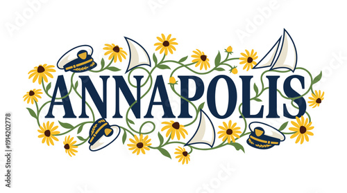 Annapolis text with nautical symbols and flowers vector illustration