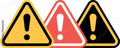 A set of warning signs with exclamation marks on a white background