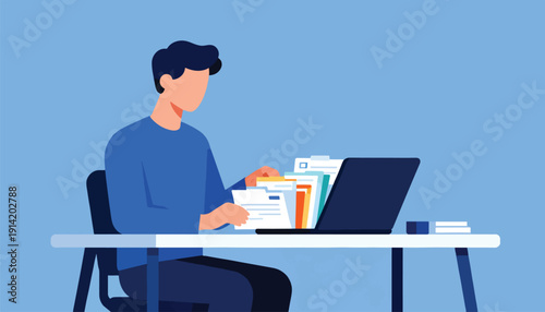 Person at desk sorting files next to a laptop and stack of papers