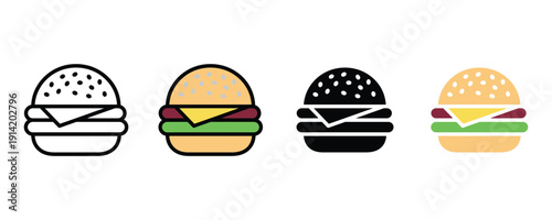 Burger icon vector. Fast food symbol for restaurant menu, cheeseburger snack, and delicious meal set. Vector Illustration.