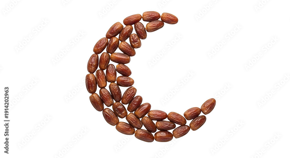 Obraz premium A crescent moon shape formed by numerous dried dates on a white surface.