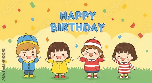 Happy birthday greeting with cute cartoon kids celebrating and confetti falling
