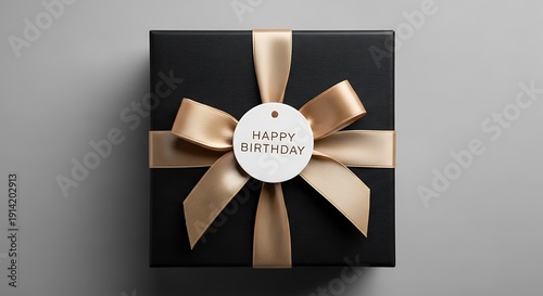 Elegant black gift box with gold ribbon and happy birthday tag, top view