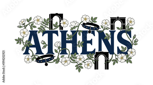 Athens city name with floral vines and architectural arches vector illustration