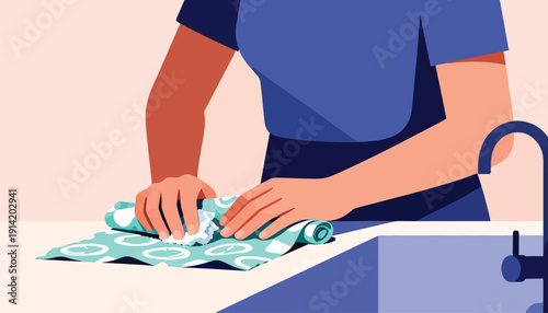 Hands rolling a patterned cloth near a sink