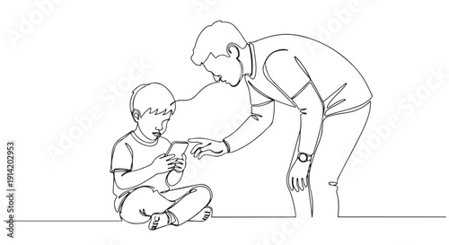 Father and son interacting with smartphone, symbolizing modern family connection and digital parenting guidance. Continuous line art illustration