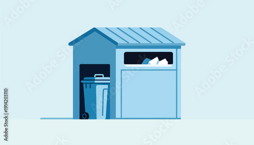 Blue shelter with trash bin and crumpled paper inside