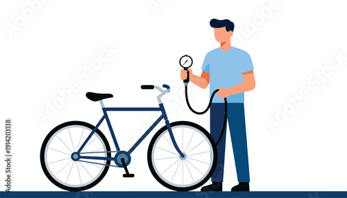 Man uses gauge to check and inflate bicycle tire pressure