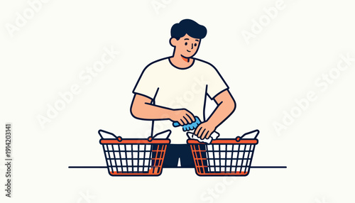 Young man sorts items into two shopping baskets