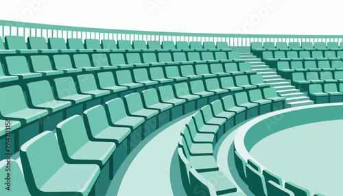 Empty rows of teal stadium seats curve around a central performance area with stairs