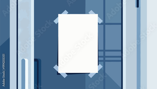 Blank paper taped to a blue wall with geometric patterns