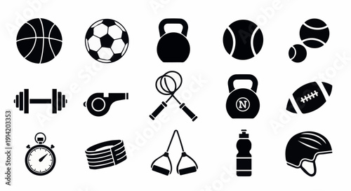 Sports Equipment and Fitness Accessories Icons Vector including balls, weights, stopwatch and training gear