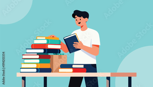 A young person happily holds a book amidst stacks of colorful books