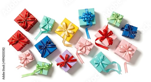 Assortment of colorful gift boxes with ribbon tied bows on white background