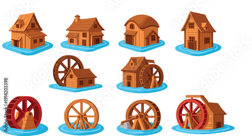 Watermill and Wooden House Vector Set Featuring Traditional Water Wheels, Rural Architecture, and Historic Village Buildings
