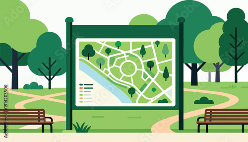 Park map display with benches and trees in a stylized, flat design