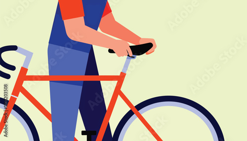 Stylized person in blue and red holding a bright orange bicycle