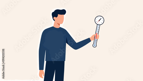 Man holding thermometer, checking temperature on a light background