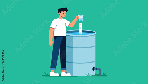 Young person checks water level in large barrel with measuring cup