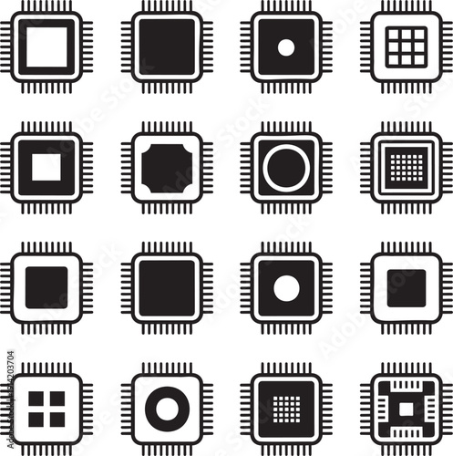A repetitive grid pattern featuring numerous black silhouette square computer chips and microprocessors