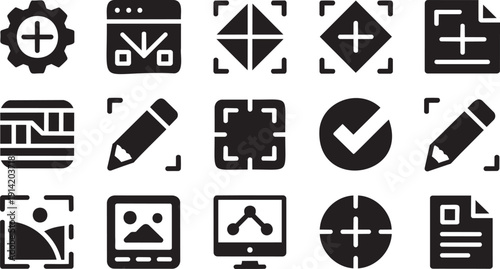 A diverse assortment of black silhouette user interface and software icons arranged neatly on a white surface