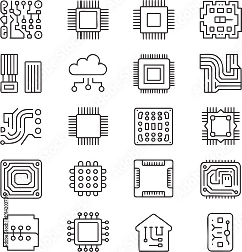 An extensive collection of thin line icons for circuit boards, microchips, processors, and cloud technology