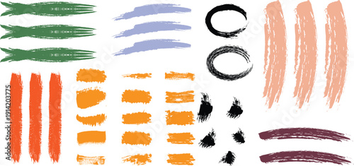 Big set of colorful grunge brush strokes, textured ink splatters, hand-drawn paint lines and geometric marks isolated on white background