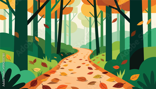 Winding path through autumn forest with falling leaves