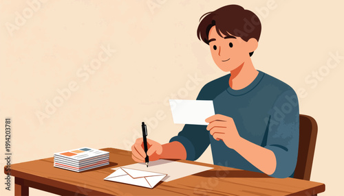 Smiling young man writing letter at wooden desk, holding card
