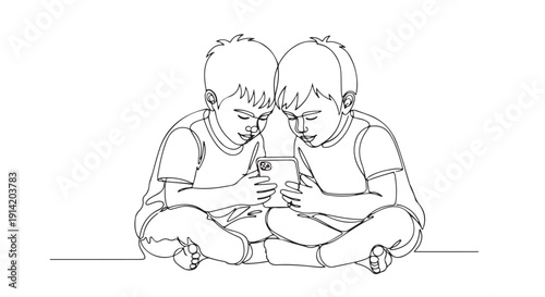 Two young boys looking intently at a mobile phone screen together, engrossed in a shared digital experience, sitting cross-legged