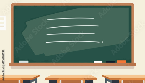 Classroom scene with green chalkboard, wooden frame, and student desks