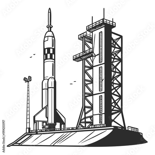 Rocket on launchpad with tower space
