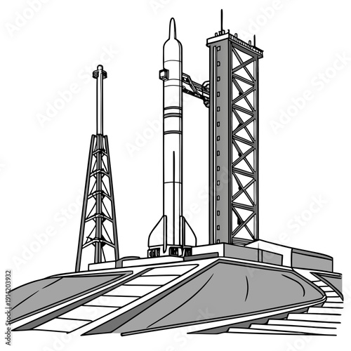 Rocket on launchpad with service tower space spacecraft