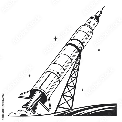 Black and white of a rocket launching from a launchpad