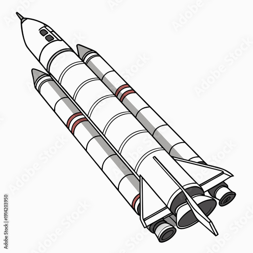 White and gray cartoon rocket with red stripes on a white background