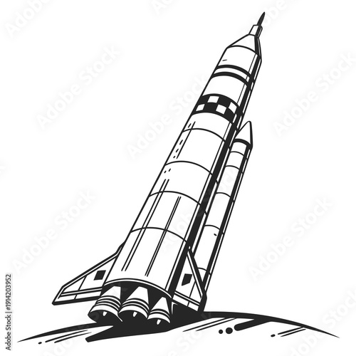 Black and white of a rocket launching space exploration