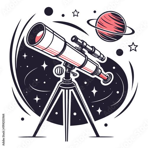 Vintage style of a telescope on a tripod pointing at a planet