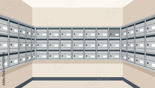 Numerous identical mailboxes arranged in rows on a wall